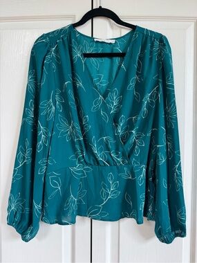 Lush Teal Floral Faux-Wrap Blouse